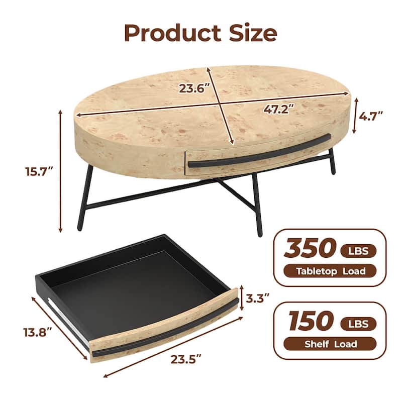 Oval Coffee Table with Drawer, 47.2" Mid-Century Modern Center Table, Wooden Coffee