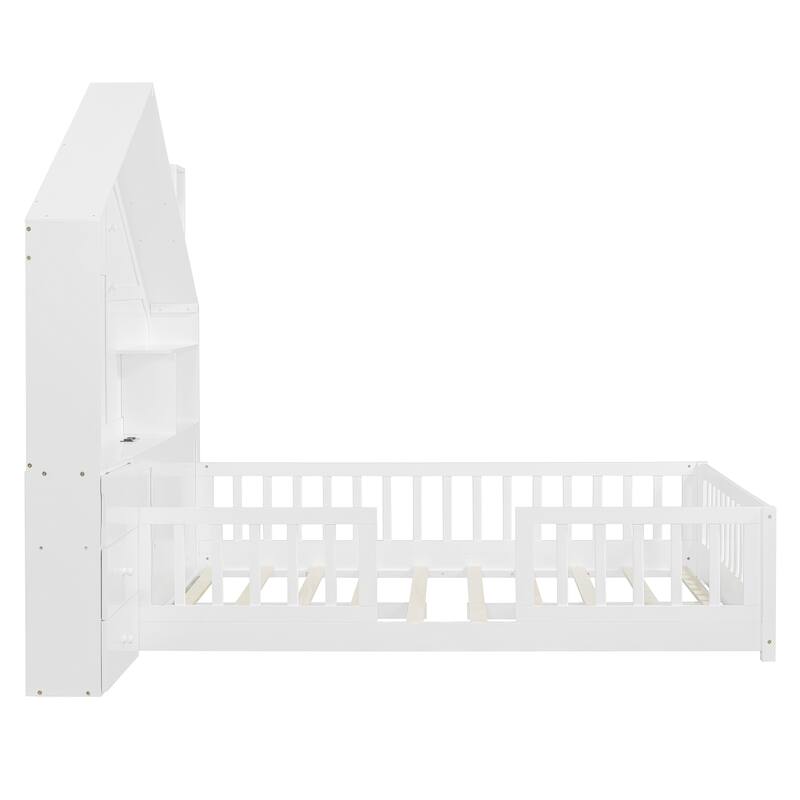 Wooden Floor Platform Bed with House Shape Storage Wingback Headboard, House Bed with USB, Window and Bedside Drawers