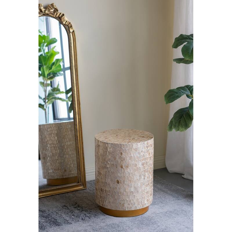 14x14x18" Cylindrical Accent Stool With Gold And Black Capiz Shell Finish And Pedestal Base