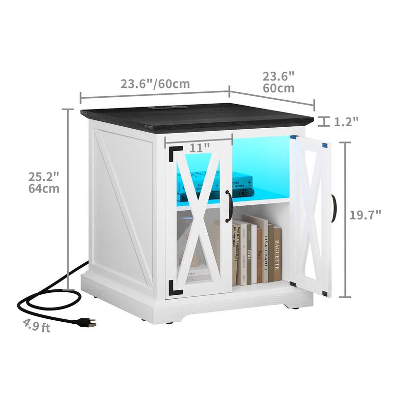 Moasis End Table with Charging Station, Farmhouse Side Table with Storage and Shelves