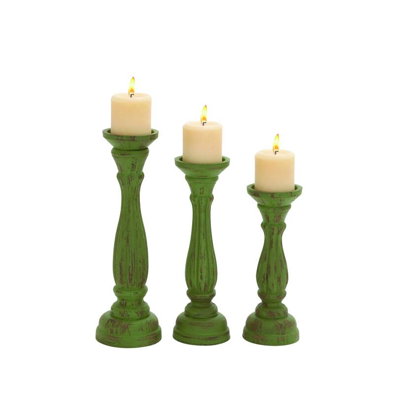 Gray, Green, Brown or Blue Wooden Distressed Turned Decorative Candle Holder (Set of 3)