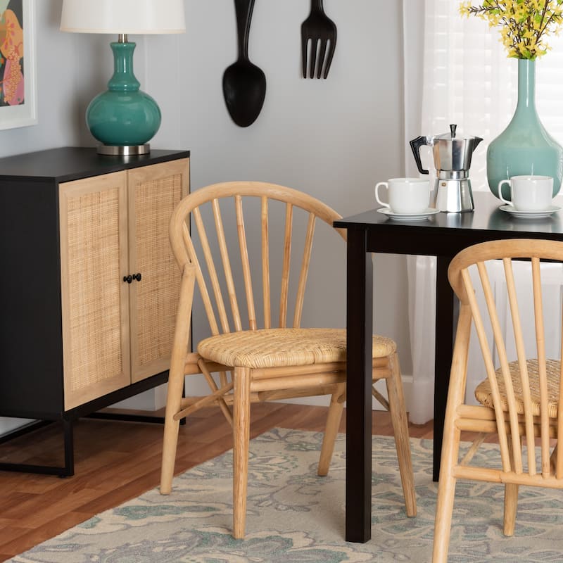 Kobe Mid-Century Modern Natural Brown Finished Wood and Rattan Dining Chair