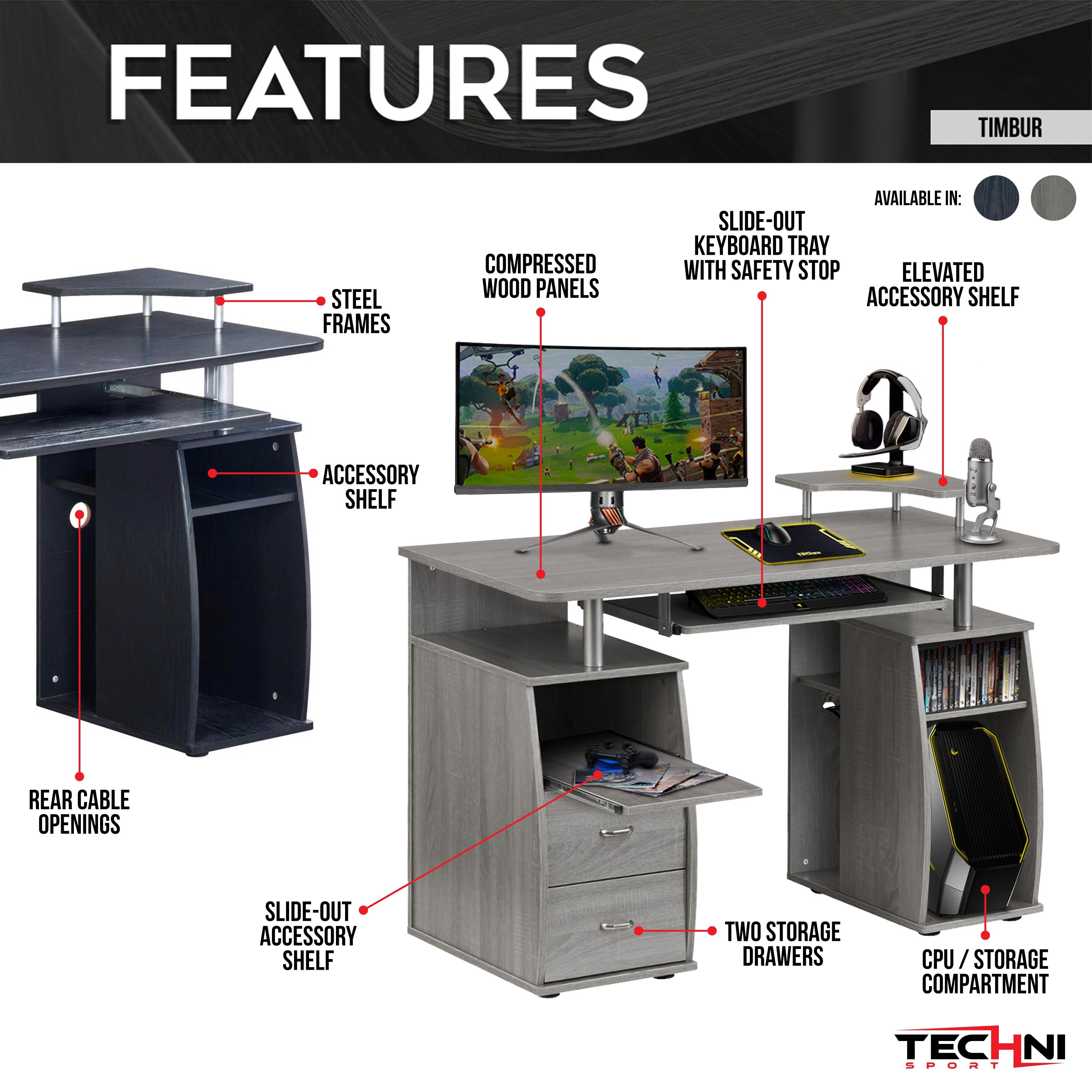 Techni Mobili Complete Computer Workstation Desk with Storage - Gray