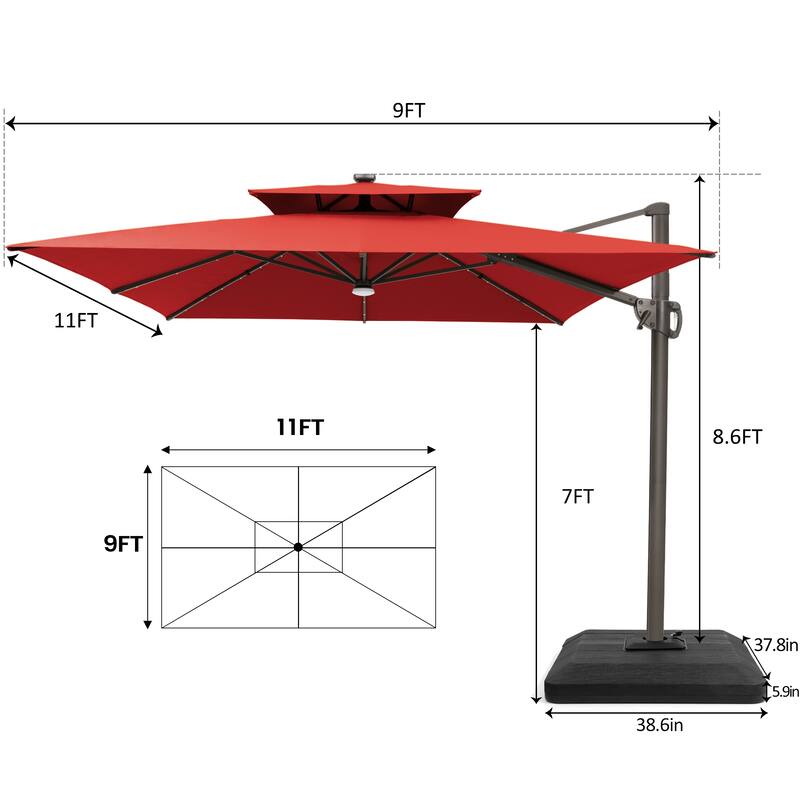 9 X 11 FT Outdoor Patio Cantilever Umbrella with Solar Lights 4-Piece Premium Base Double Canopy 360 Rotation Tilt
