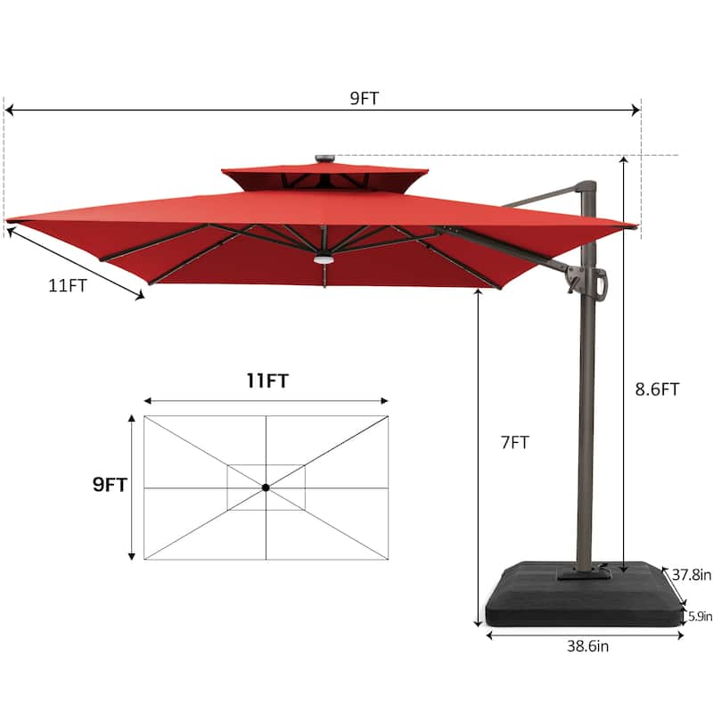 Pellebant 9x11FT Outdoor Dual Top Cantilever Patio Umbrella LED Light with Premium Base Stand