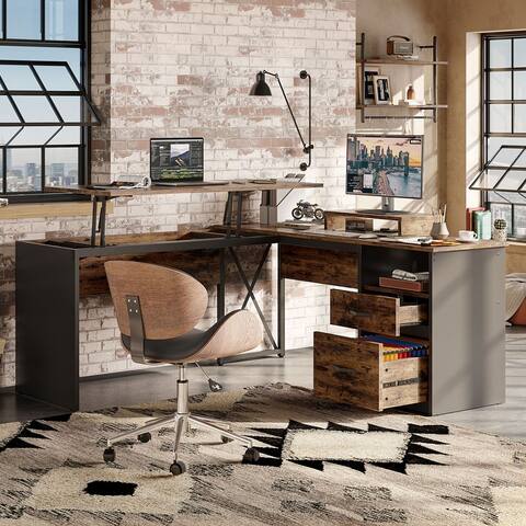 55.7" Uplift L Shaped Computer Desk with drawers&Monitor Stand,Brown