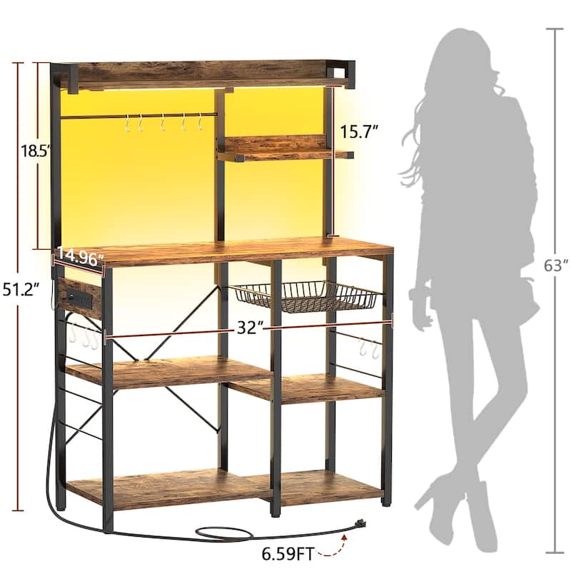 Bakers Rack with Power Outlet and LED Light Strings, Kitchen Storage Shelf