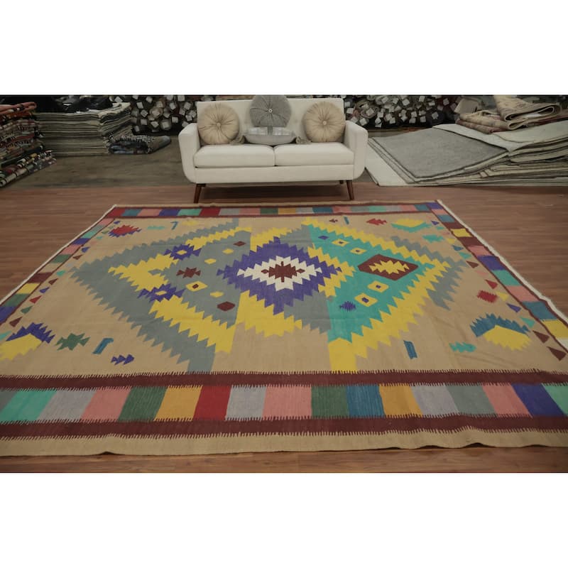 Hand Woven Oriental 100% Wool Carpet Southwestern Tribal Multi-Colored Kilim Area Rug - 9' 9'' X 9' 10''