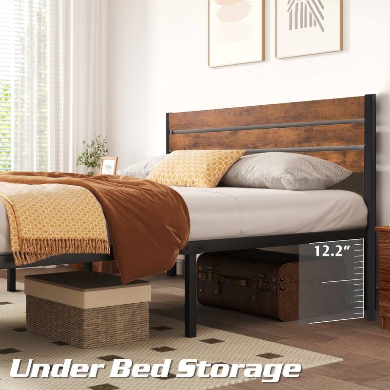 3-Pieces Bed Frame with Wood Headboard and Modern Nightstands Set of 2