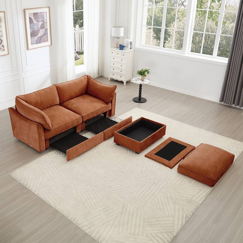 2-Seater Loveseat with 1 Movable Ottoman & Pull out Storage Drawer Under Seat