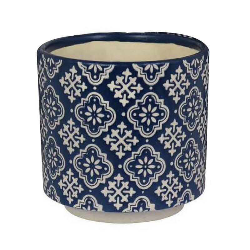 Modern Planter Set of 3, Vintage Floral Motifs, White Blue Ceramic
