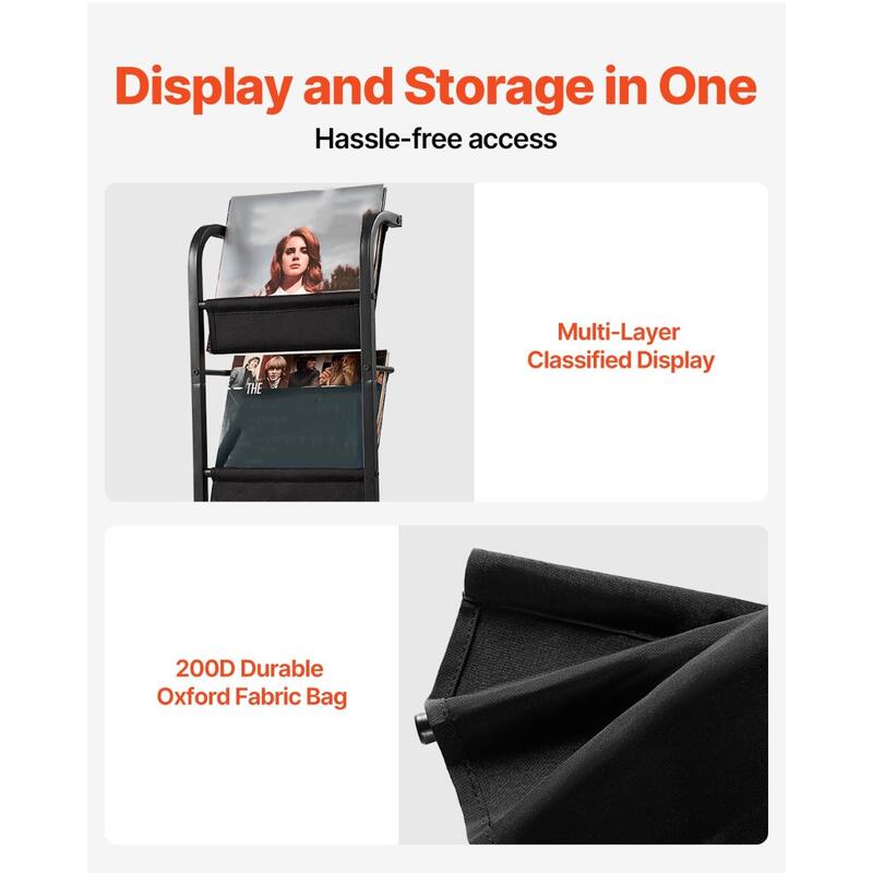 Black 5 Tiers Metal Record Player Stand with LED Light and USB Ports and Oxford Fabric Bags - 17.72" x 19.29" x 56.3"