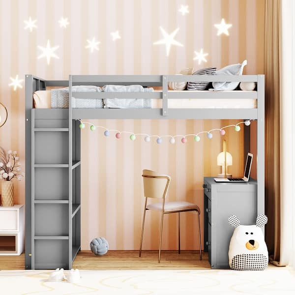slide 2 of 36, Twin/Full Size Loft Bed with Desk & Shelves for Kids/Adults, Wood Loft Beds w/Guardrails & Ladder for Dorm,Bedroom,Guest Room Gray - Twin