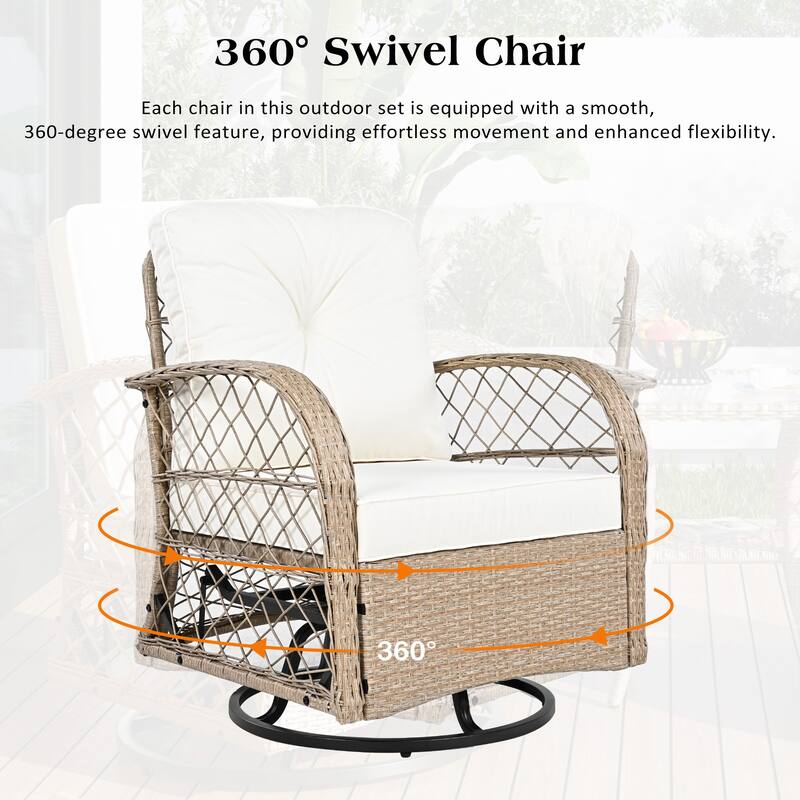 3-Piece Outdoor Chair Table Set Chat with Square Table & 2 Swiveling Chairs Set 2-person Rattan Seating Group for Garden