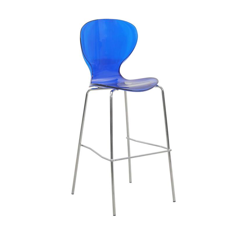 30 in. Seat Height Acrylic Plastic Barstool in Chrome Steel Frame Armless with Footrest - Transparent Blue