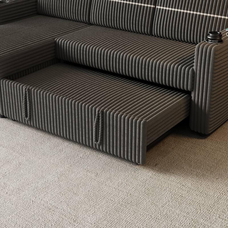 3-Seater Sleeper Sofa Bed with Corduroy Fabric, Storage Chaise, USB Charger, and Cup Holders
