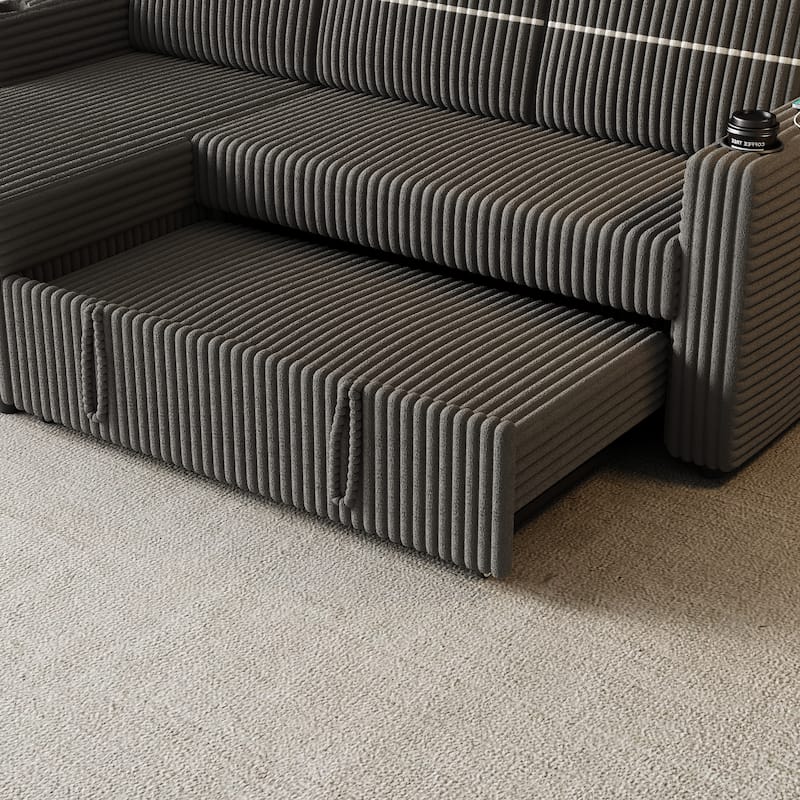 85" Corduroy 3-Seater Sleeper Sofa with Storage Chaise, USB Charging and Cup Holders