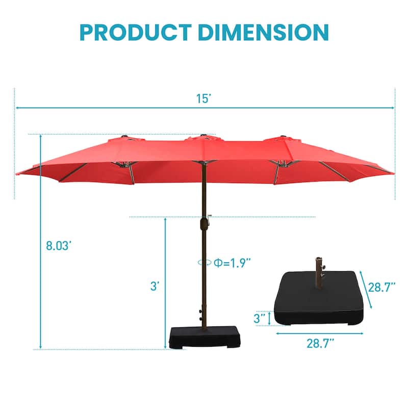 Aoodor 15ft Outdoor Double Sided Market Patio Umbrella with Base Stand