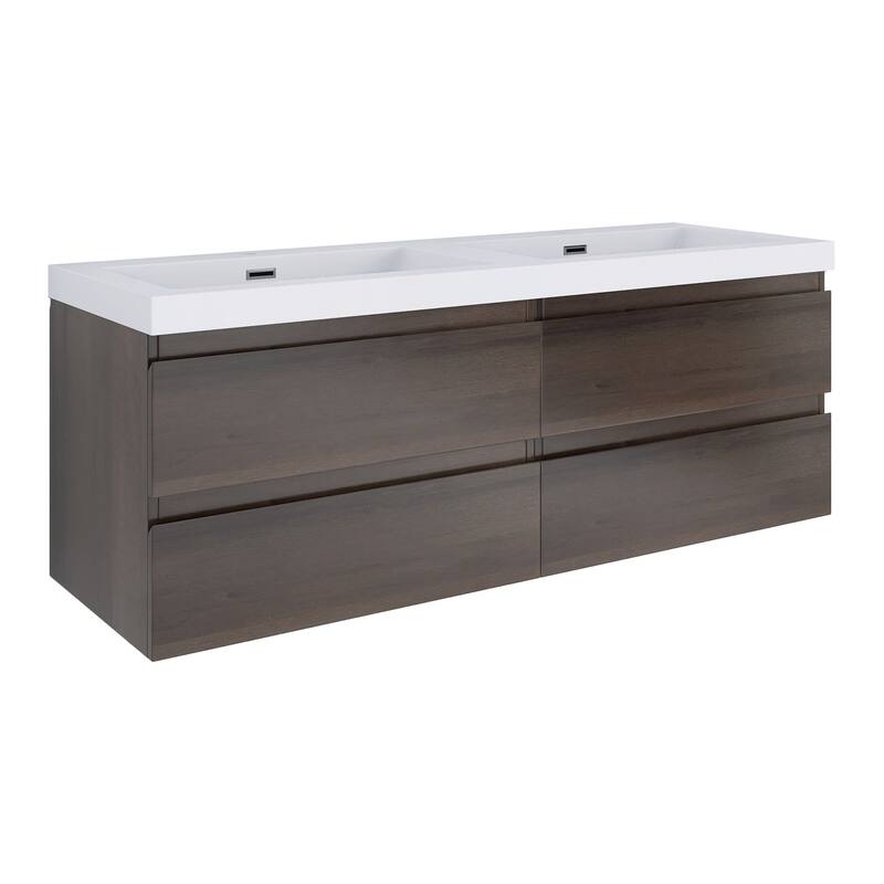 MDF Wall-Mounted Bathroom Vanity Set in Grey Oak with Integrated Culture Marble Sink