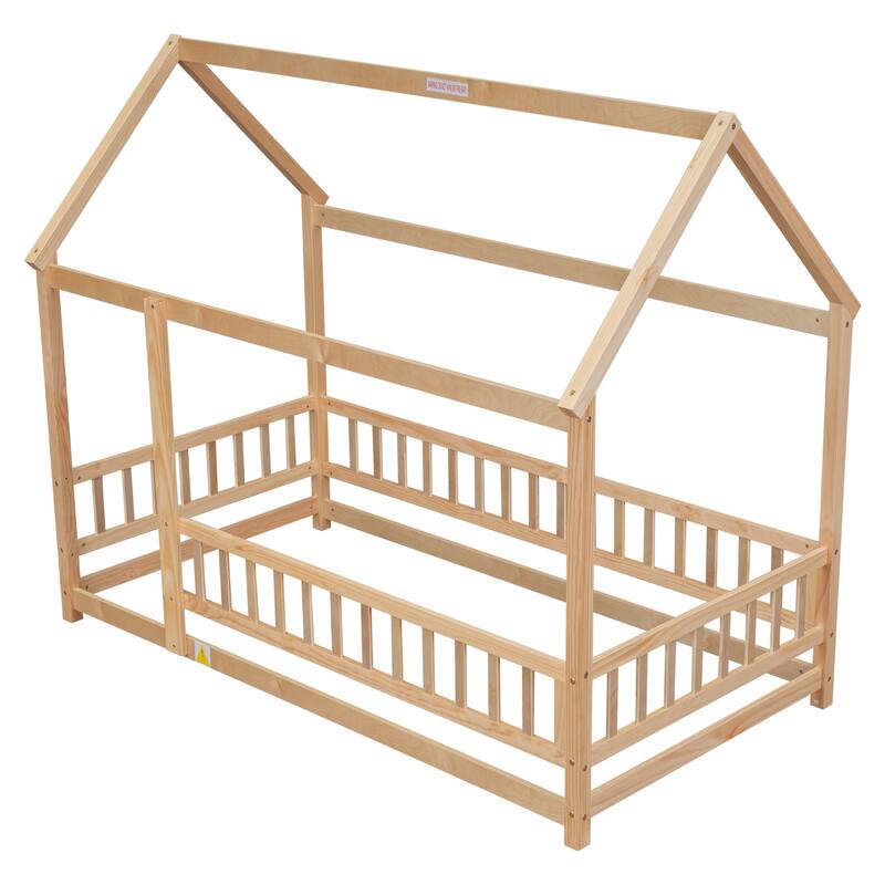 Floor Wooden Bed with House Roof Frame