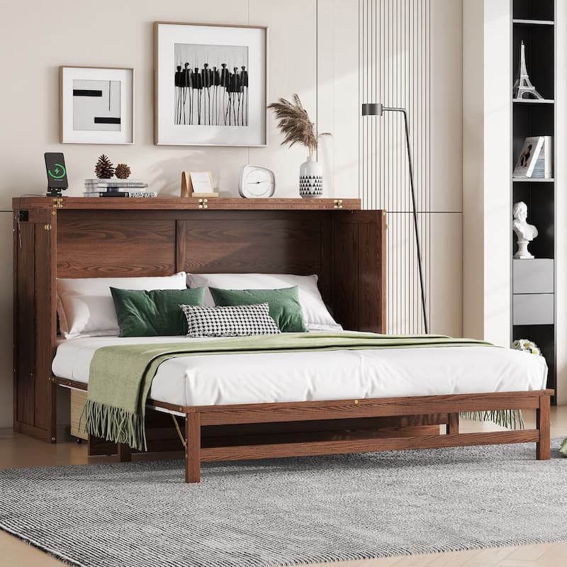 Roomfitters Queen Murphy Bed Cabinet with Storage Compartment, Charging Station with USB, Solid Pine Wall Bed - Walnut - Queen
