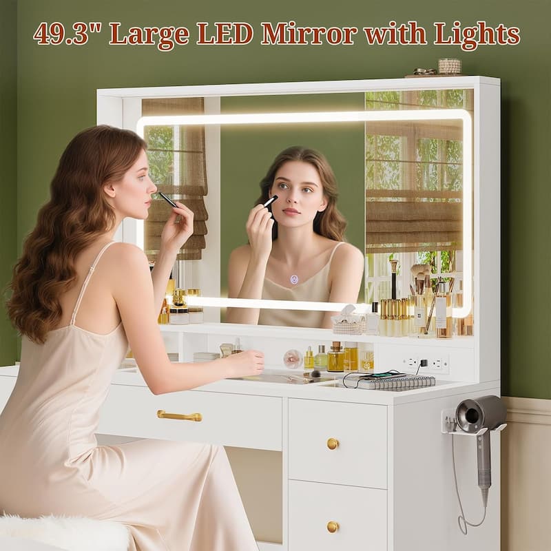 Vanity Desk with Mirror and Lights Power Outlet Drawers 3 Light Modes