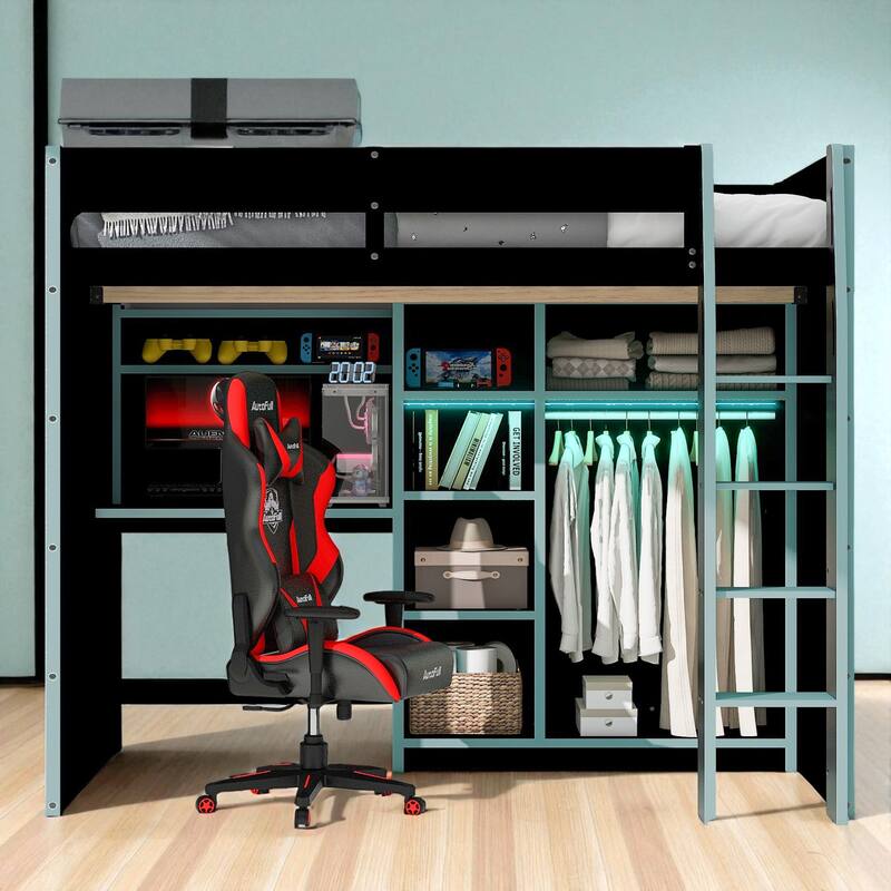 Full Size Wood Loft Bed with Desk, Open Wardrobe, Shelves and RGB LED Lights for Gaming & Storage