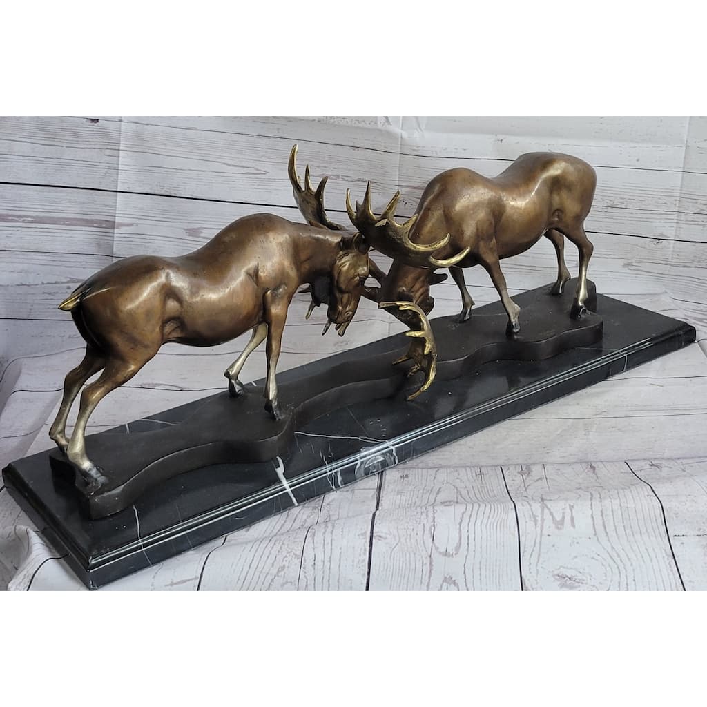 Bull Moose Duel Dueling Bucks Fight Bronze Statue Sculpture Moigniez Marble Base 11 Inches X 31 Inches