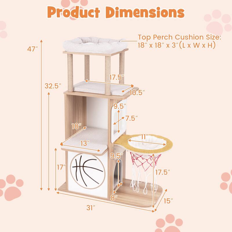 Wooden Cat Tree with 2-Story Condo and Basketball Hoop Hammock - 47 Inches High - 31" L x 15" W x 47" H