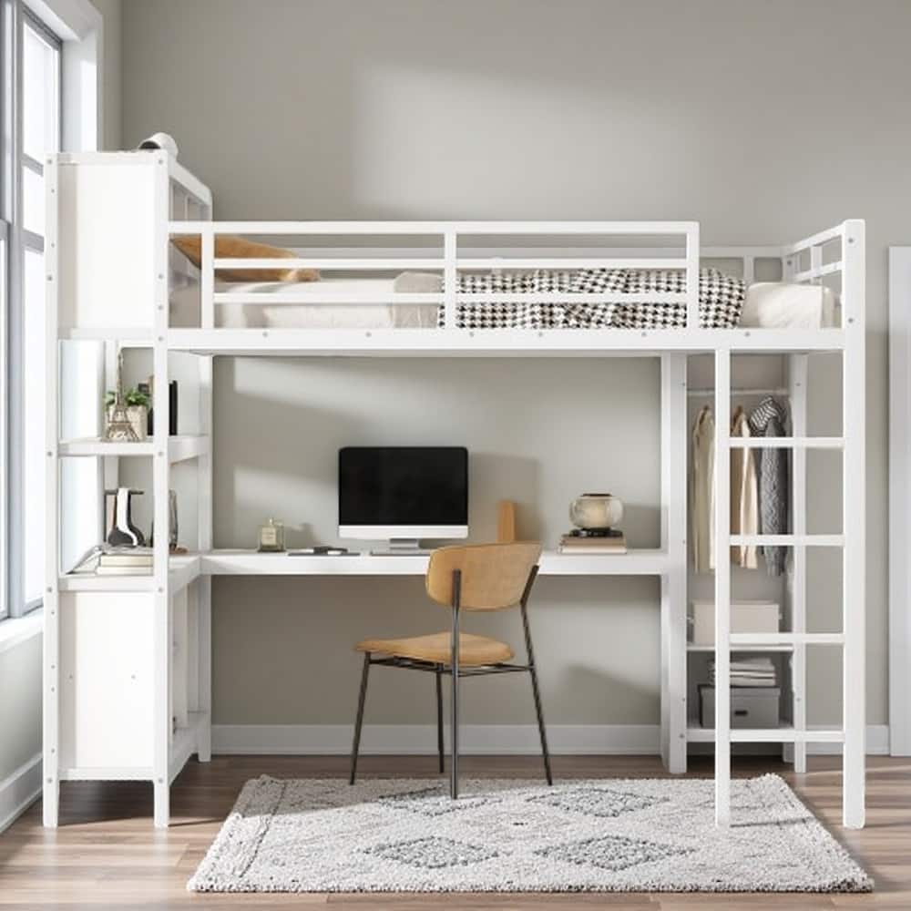 Teen & Adult Metal Loft Bed with L-Shaped Work Desk, Closet & Shelf Storage
