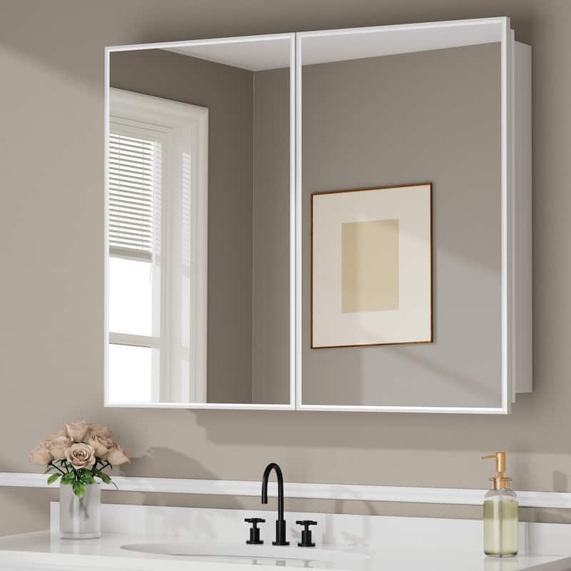 Elise Iron Medicine Cabinet with Mirror, Adjustable Shelves, Recessed or Wall Mount - 36 in. W x 30 in. H - White