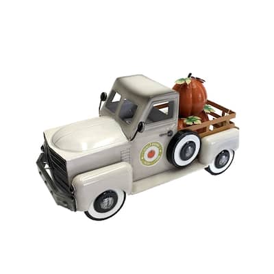 Country Style Metal Truck with Pumpkins in Antique White - 8.6x18x10