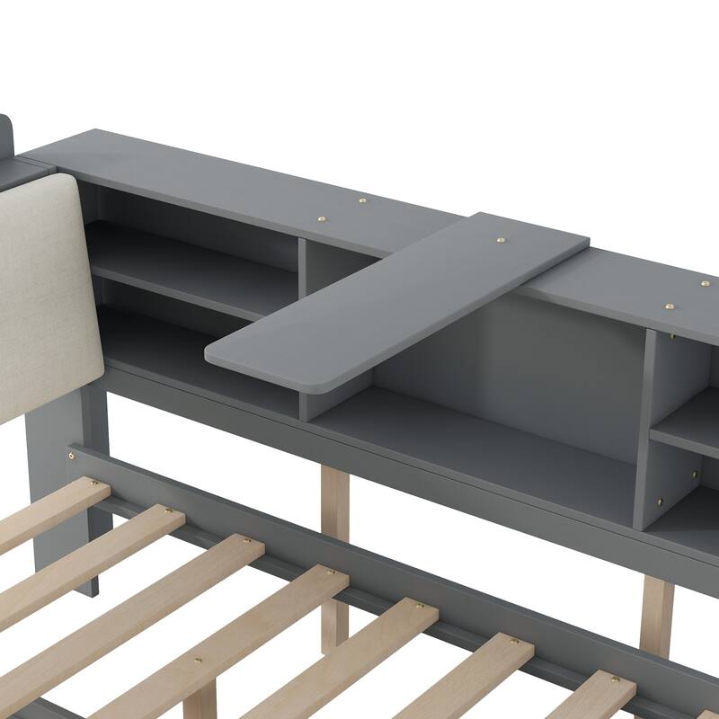 Full Size Platform Bed with Trundle, Storage Headboard, and Shelves in Gray