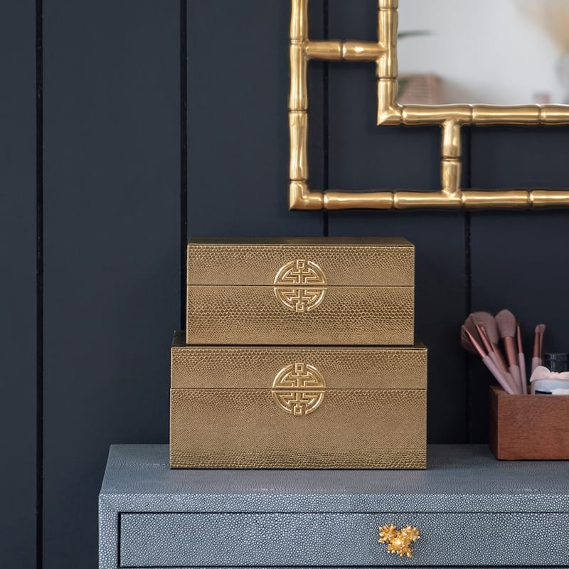 Faux Leather Boxes with Geometric Clasp - 10.25" - Bronze and Gold - Set of 2