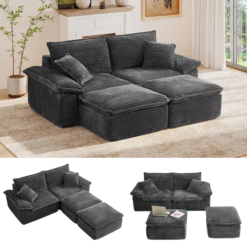 Rossetta 2-Seat Oversized Personalized Corduroy Soft Modular No Assembly Sofa with 2 Movable Ottoman - Grey