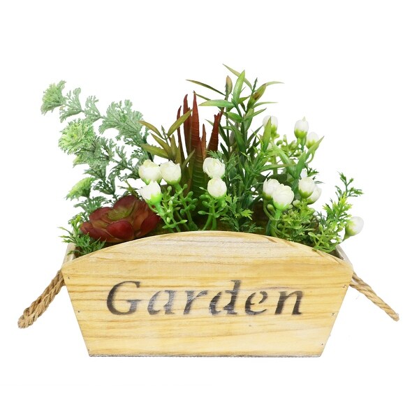 9” Artificial Flower and Succulent Arrangement in Wooden Planter - N/A