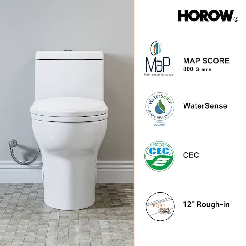 HOROW 1 Piece High Efficiency Dual Flush Elongated Toilet White 1.1/1.6 GPF Soft Close Seat - N/A