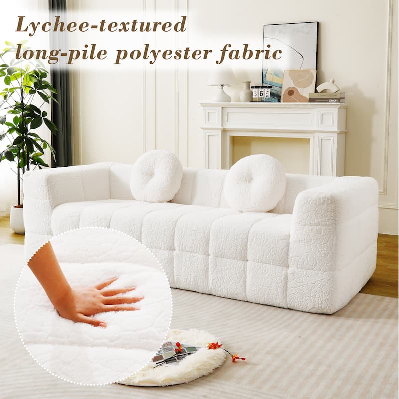 84.6" Modern Boneless Cloud Sofa, Lychee-Textured Long-Pile Polyester 3-Seater Couch with Checkered Design and Round Pillows