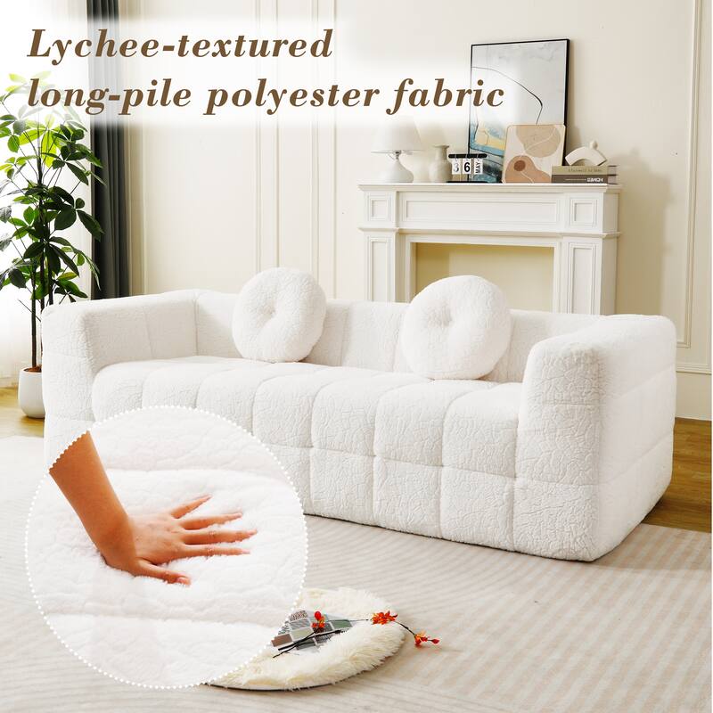 84.6-inch Modern Boneless Couch with Two Circular throw pillows, Skin-friendly lychee-textured long-pile polyester fabric