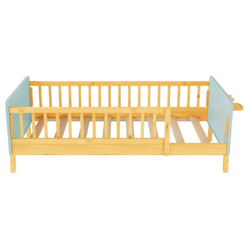 Kids Wood Platform Bed with Guardrails, Bottle Holder and 2 Hanging Rod, Convertible Toddler Daybed, Low Profile Design Frame