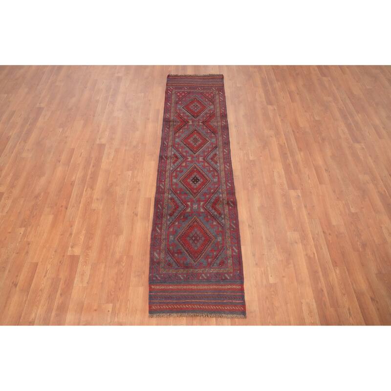 Hand Knotted Oriental 100% Wool Carpet Traditional Tribal Navy Blue & Blues Balouch Runner Rug - 7' 9'' X 1' 10''