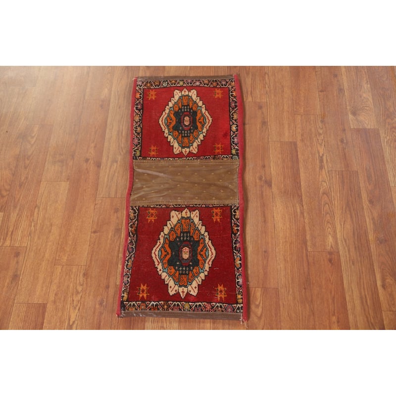 Red Geometric Saddle Bag Persian Accent Rug Hand-Knotted Wool Carpet - 1'1" x 2'7"