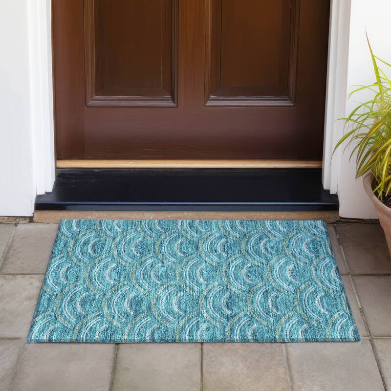 Machine Washable Indoor/ Outdoor Modern Mosaic Chantille Rug - Teal - 1'8" x 2'6"