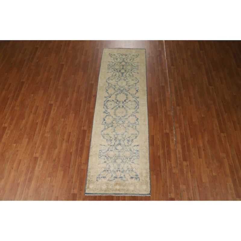 Blue Oushak Turkish Runner Rug Handmade Vegetable Dye Wool Carpet - 3'0"x 10'0"