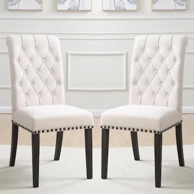 Decorative Rolled Back Button Tufted Chairs with Nailhead Trim (Set of 2)