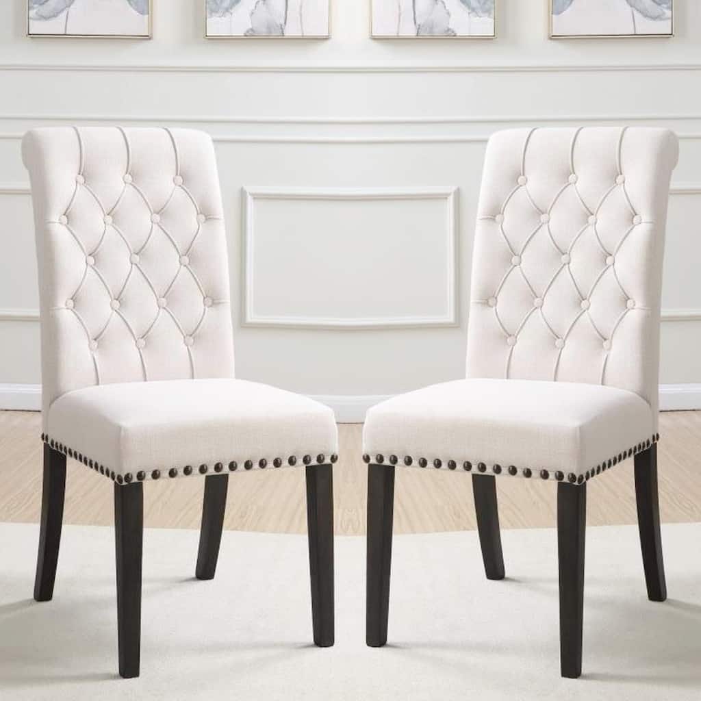 Decorative Rolled Back Button Tufted Chairs with Nailhead Trim (Set of 2)