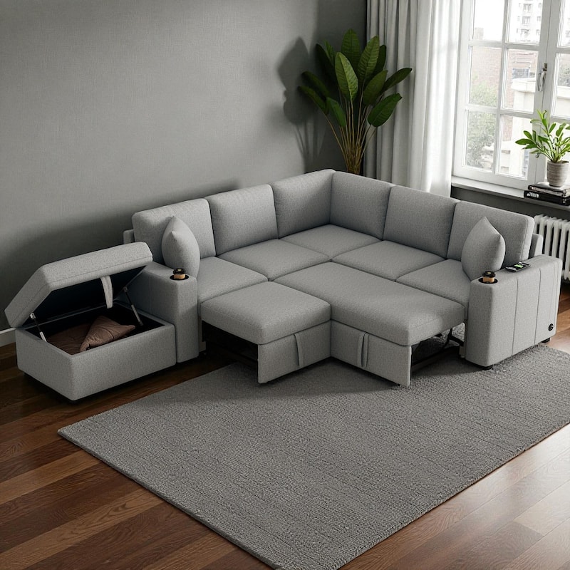 84.7" Modular Sectional Sofa Convertible Pull-Out Bed U-Shape L-Shape Couch with Storage Ottoman USB Ports Cup Holders