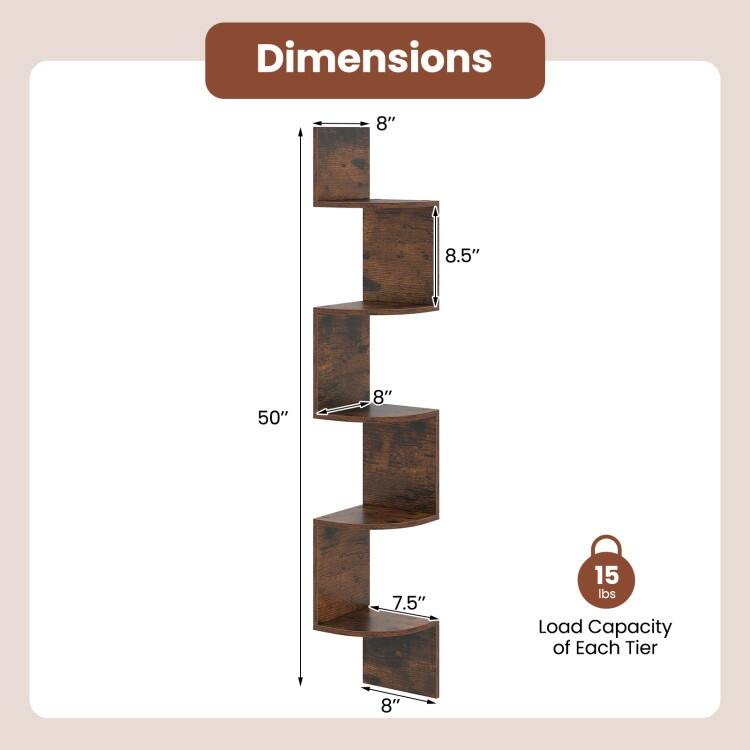 5-Tier Wall Mounted Floating Corner Shelf Engineered Wood Storage Organizer
