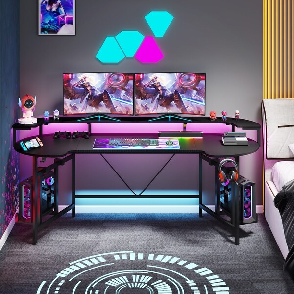 Rose Gaming Desk with Monitor Shelf 75 inch PC Computer Desk with LED Strip Black
