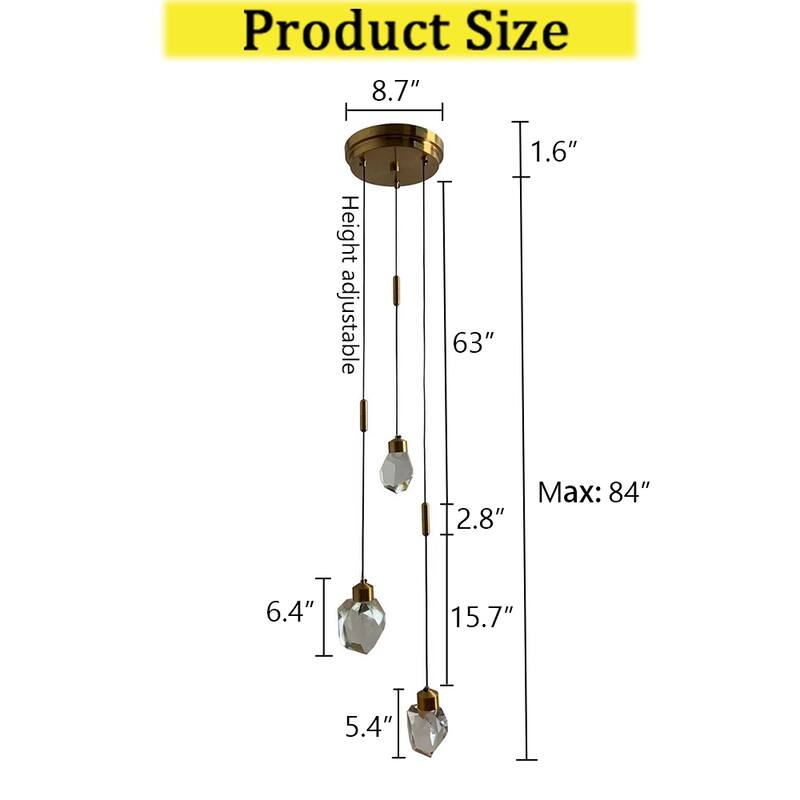 CraftHome 9'' Modern 3-Light Diamond Shape Crystal Cluster Integrated LED Pendant In Antique Gold Round Ceiling Lamp - W9''